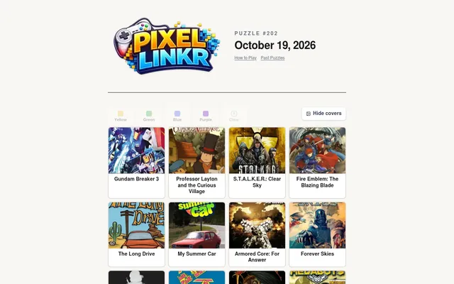 PixelLinkr puzzle #202 for 19 October 2026 on a desktop, with covers shown: game tiles such as Professor Layton, S.T.A.L.K.E.R.: Clear Sky and Fire Emblem