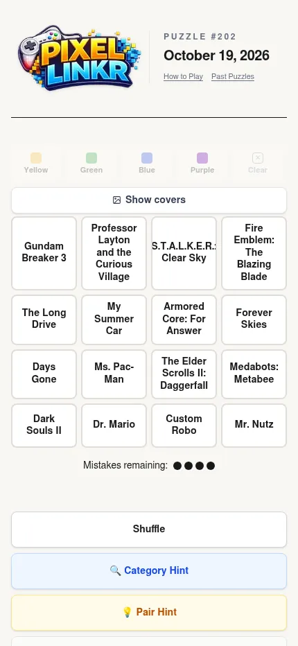 PixelLinkr on a phone: puzzle #202's sixteen video game titles in a four by four grid, with Shuffle and hint buttons below