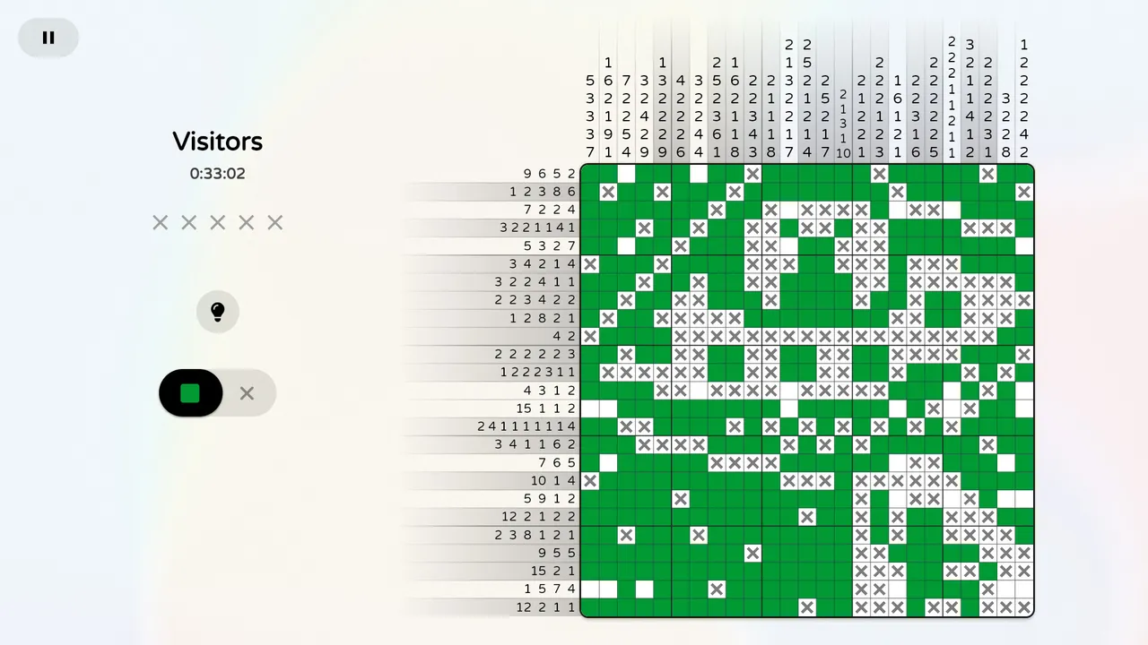 Pixelogic screenshot of a nonogram grid with row and column clues
