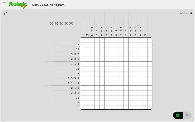 Pixelogic web daily for 31 October 2026: an empty 15x15 nonogram grid with its row and column clues and a running clock