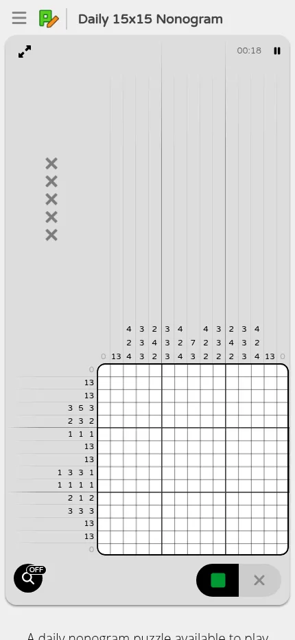 The same 15x15 Pixelogic daily at phone size, with the clues above and beside the grid and the fill and cross buttons below