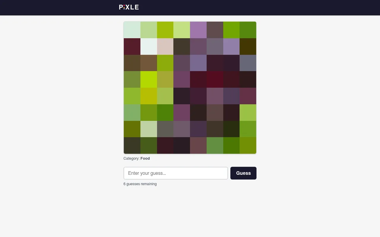 Pixle's archive puzzle for 2026-10-06: an 8x8 grid of green, purple and dark red blocks labelled Category: Food, with a Guess button