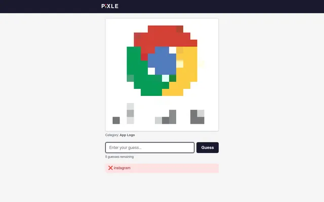 Pixle's App Logo puzzle for 2026-10-21 after one wrong guess: a sharper grid of red, green, yellow and blue blocks, 5 guesses remaining