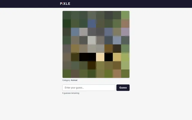 Pixle's puzzle for 2026-10-07: a photo reduced to an 8x8 grid of green, brown and grey blocks, Category: Animal, a guess box and 6 guesses remaining