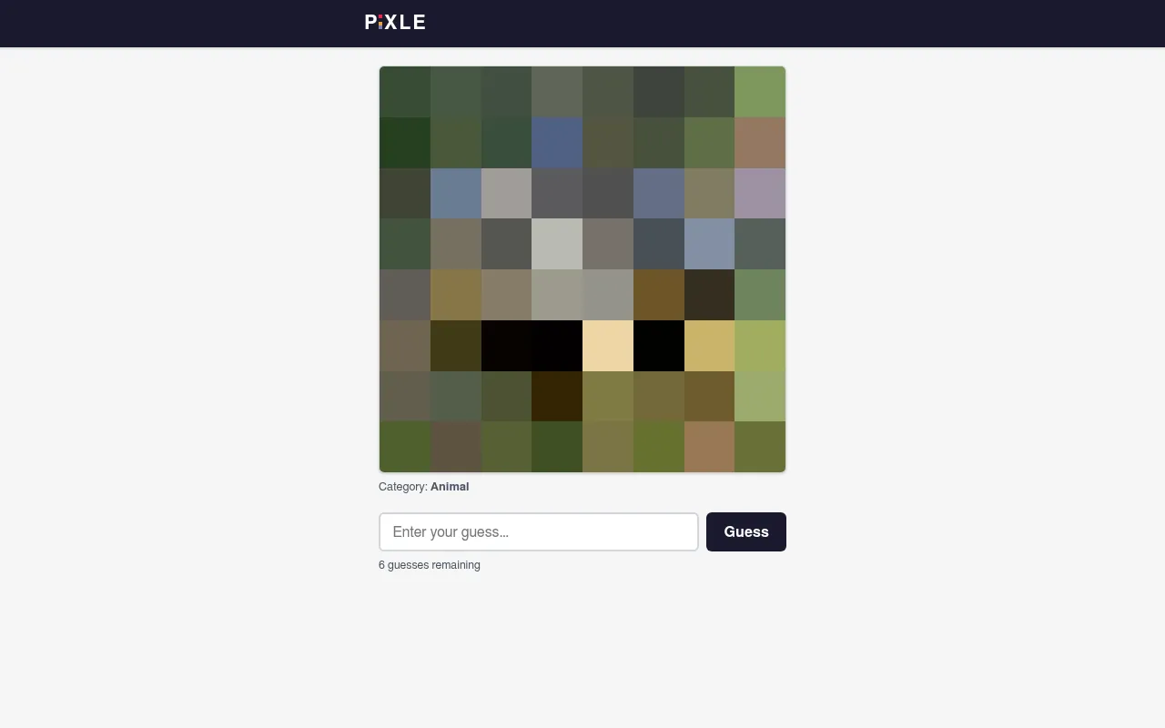 Pixle's puzzle for 2026-10-07: a photo reduced to an 8x8 grid of green, brown and grey blocks, Category: Animal, a guess box and 6 guesses remaining
