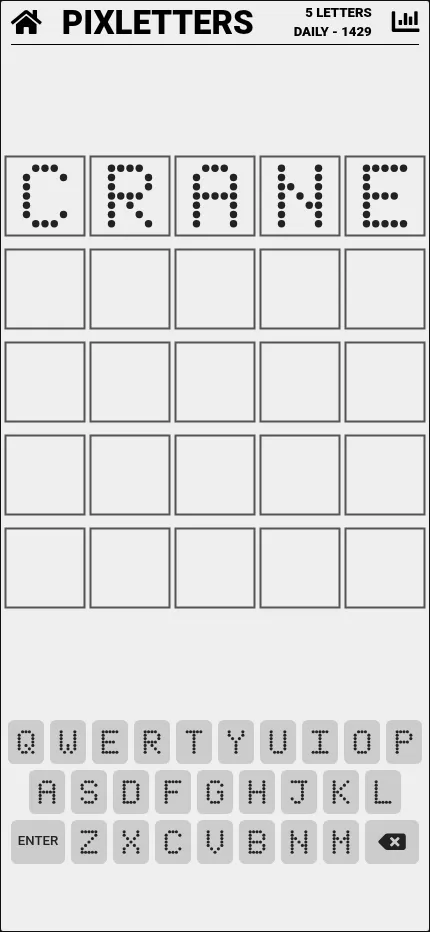 Pixletters Daily 1429 at phone size: a five-row board with CRANE typed in dot letters and the on-screen keyboard below