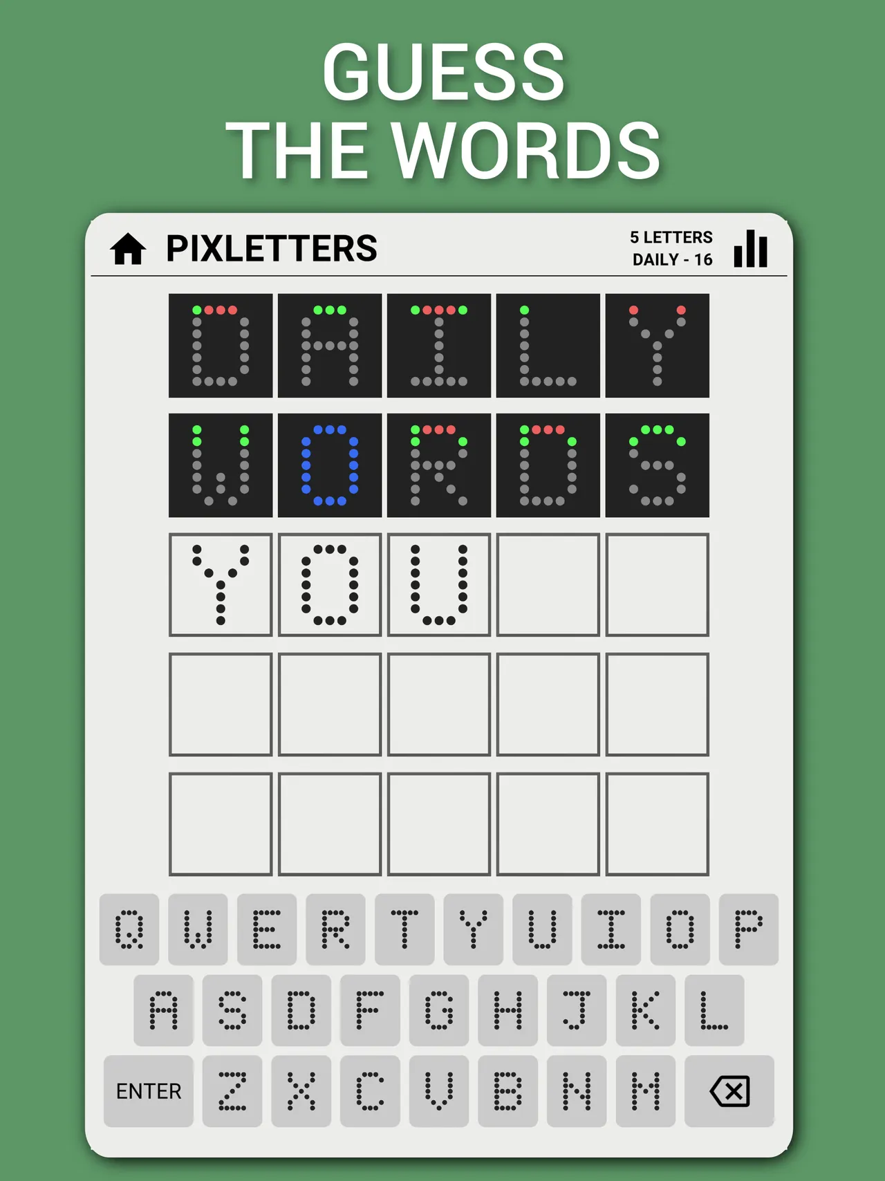 A Pixletters board from the App Store: letters drawn as dot grids, with coloured pixels showing which parts match the hidden word