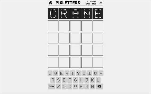 Pixletters Daily 1429 on a desktop: the guess CRANE drawn in white dot letters above four empty rows and a dot-letter keyboard