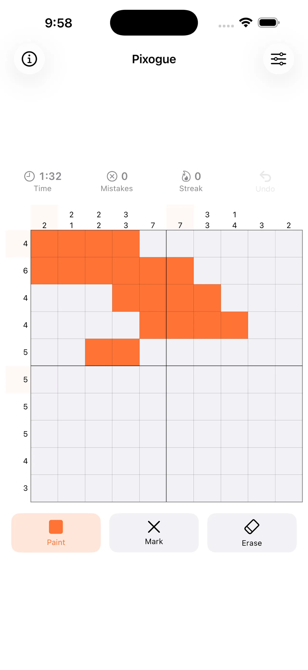A Pixogue 10x10 nonogram with orange painted cells, number clues, a timer and Paint, Mark and Erase tools