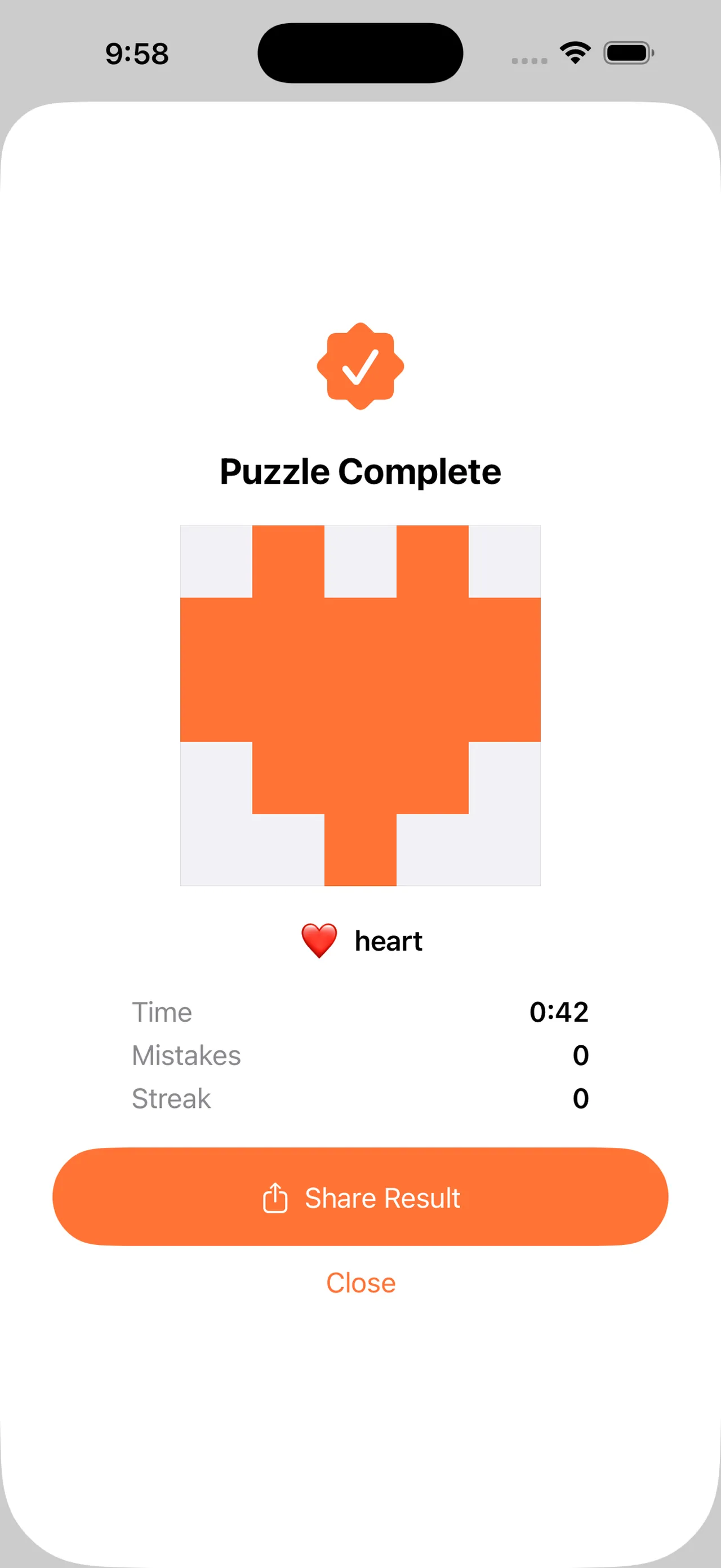 Pixogue's Puzzle Complete card showing the finished picture, a heart, with time, mistakes and a Share Result button