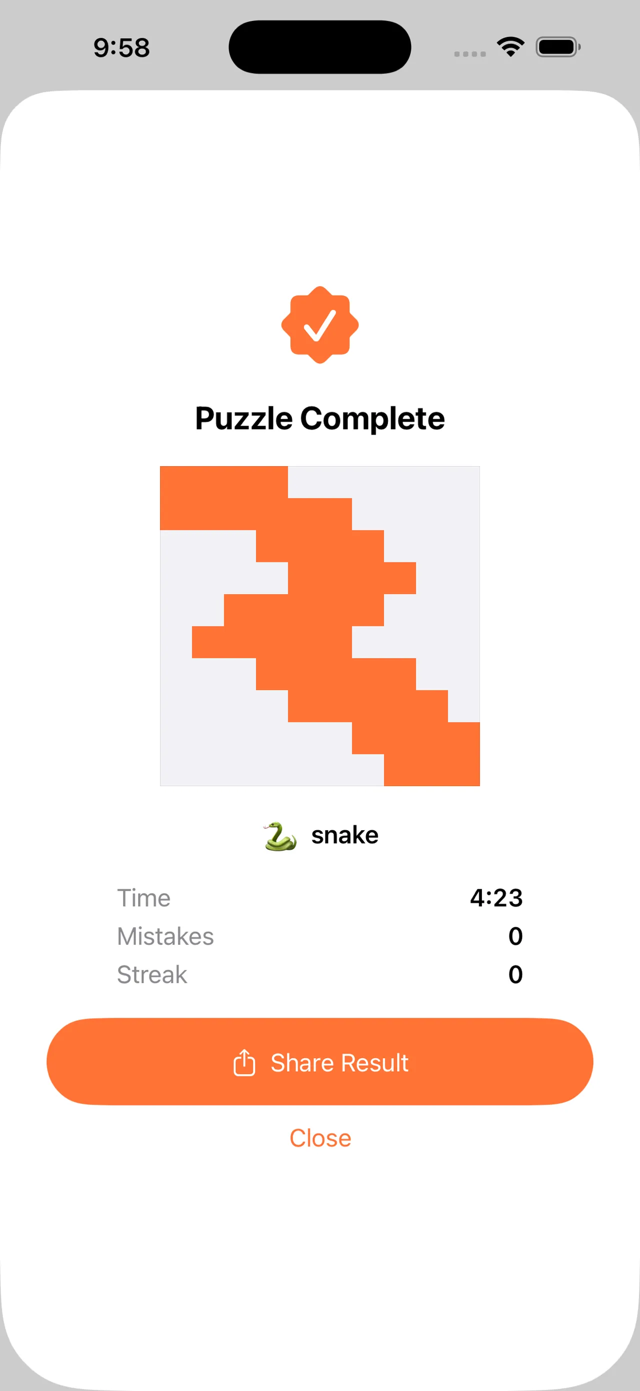 Pixogue's Puzzle Complete card showing the finished picture, a snake, with time and mistakes