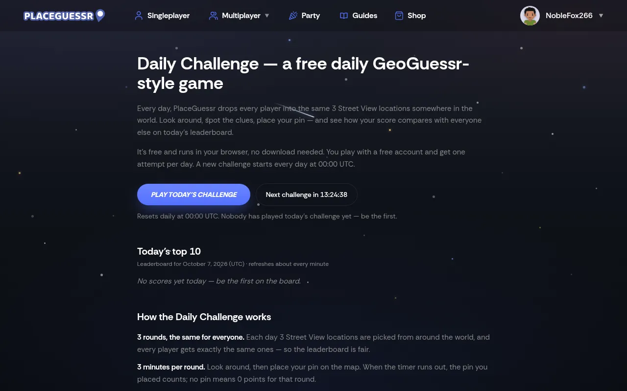 The PlaceGuessr Daily Challenge page with its Play button, a countdown to the next challenge and today's top 10 leaderboard for October 7, 2026