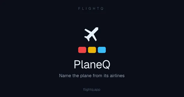 PlaneQ's own share card: a white plane icon above red, yellow and blue tiles, the name PlaneQ and 'Name the plane from its airlines'