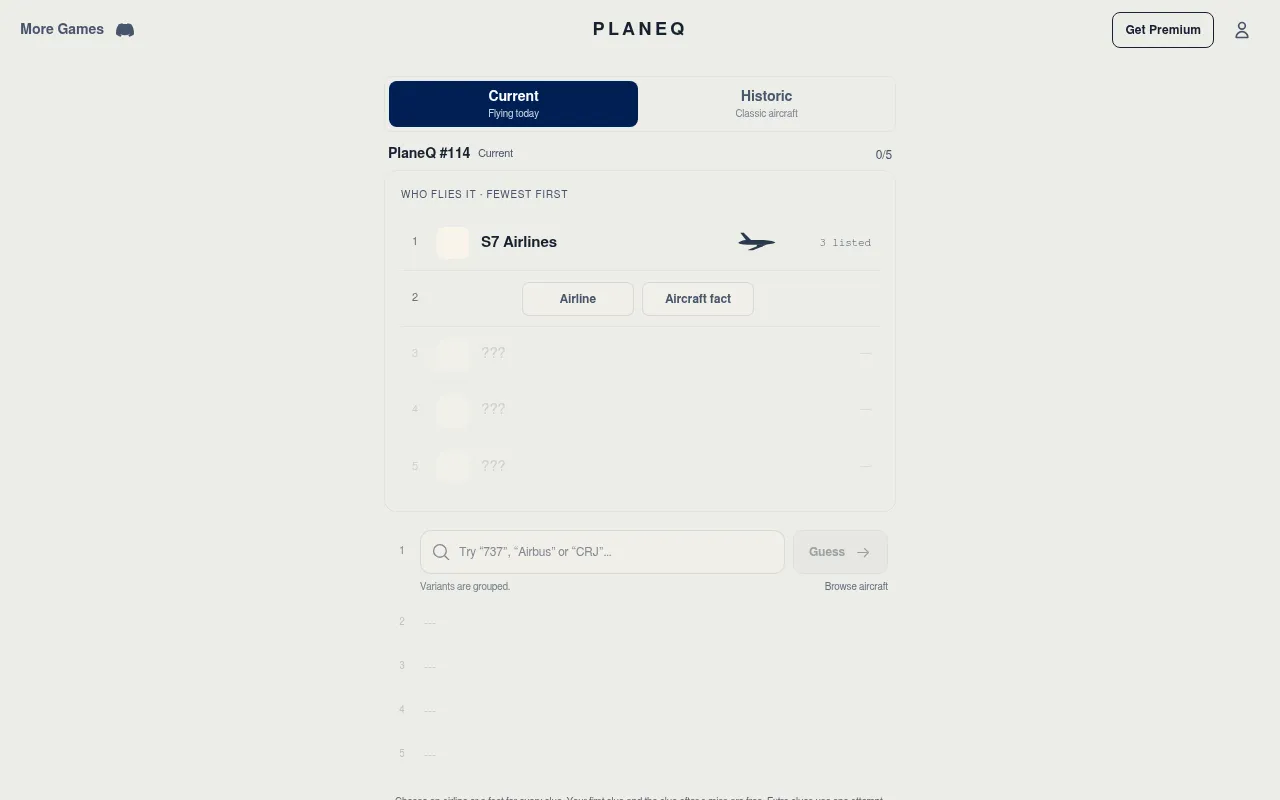 PlaneQ #114 in Current mode: the first clue shows S7 Airlines with 3 listed, four clue slots still hidden and the aircraft guess box below