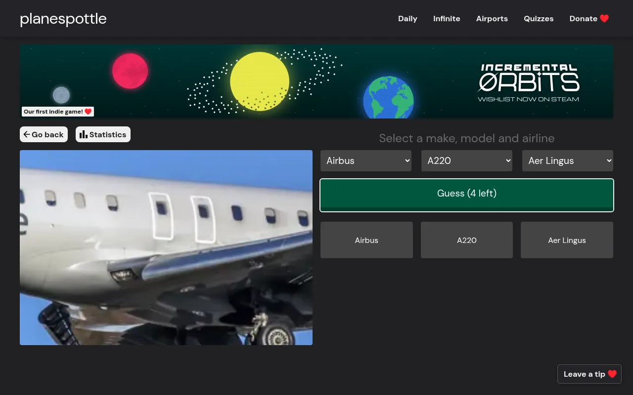 Planespottle after one wrong guess (Airbus, A220, Aer Lingus): the photo has zoomed out to show more of the fuselage and landing gear, 4 guesses left