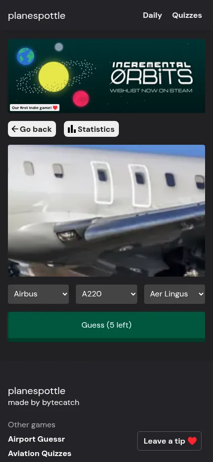 Planespottle's daily on a phone: the cropped aircraft photo above the make, model and airline menus and the Guess button
