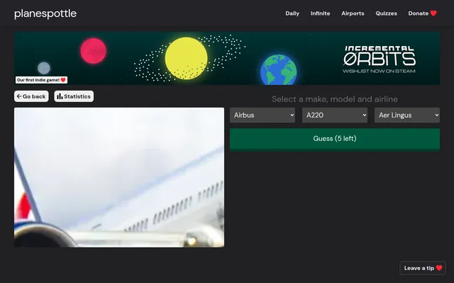 Planespottle daily: a tightly zoomed photo of an airliner's fuselage and engine beside make, model and airline menus and a Guess button with 5 guesses left