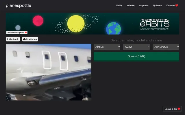 Planespottle daily for 18 October 2026: a tight crop of an airliner's windows, doors and wing beside the make, model and airline menus, with 5 guesses left