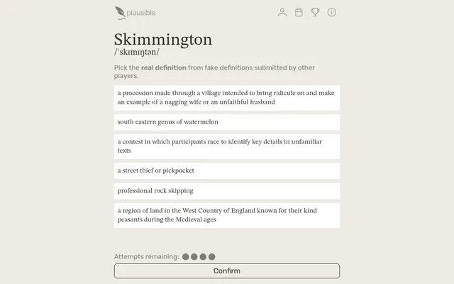 Plausible's board for 22 October 2026: the word Skimmington with six definitions to choose from, four attempts remaining and a Confirm button