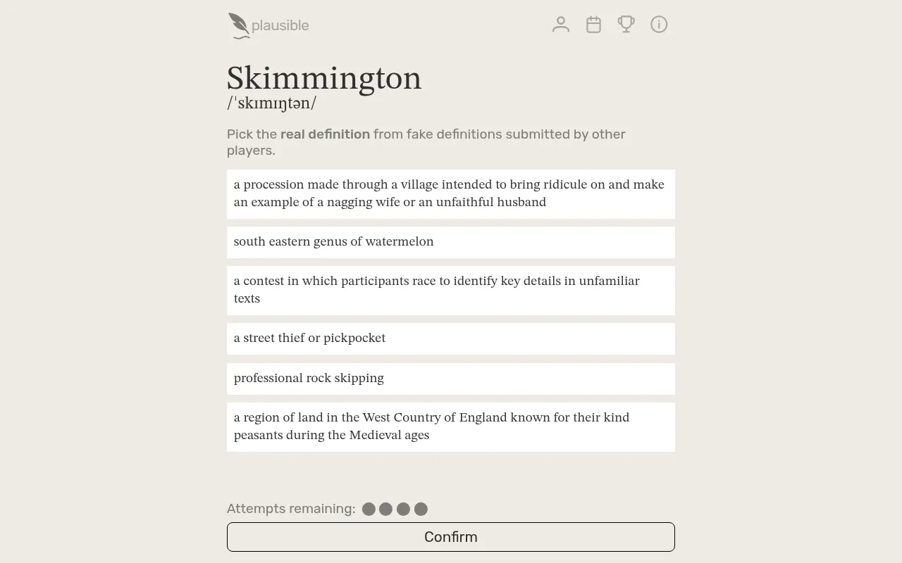 Plausible's board for 22 October 2026: the word Skimmington with six definitions to choose from, four attempts remaining and a Confirm button