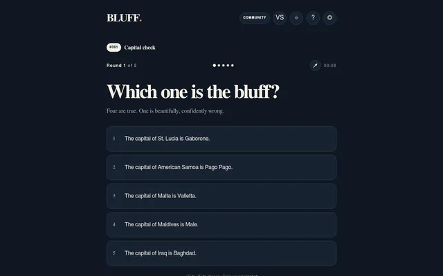 BLUFF puzzle 081, round 1 of 5, Capital check: Which one is the bluff? above five capital city statements, starting with The capital of St. Lucia is Gaborone