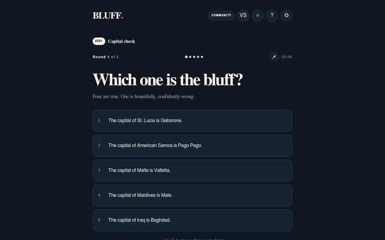 BLUFF puzzle 081, round 1 of 5, Capital check: Which one is the bluff? above five capital city statements, starting with The capital of St. Lucia is Gaborone