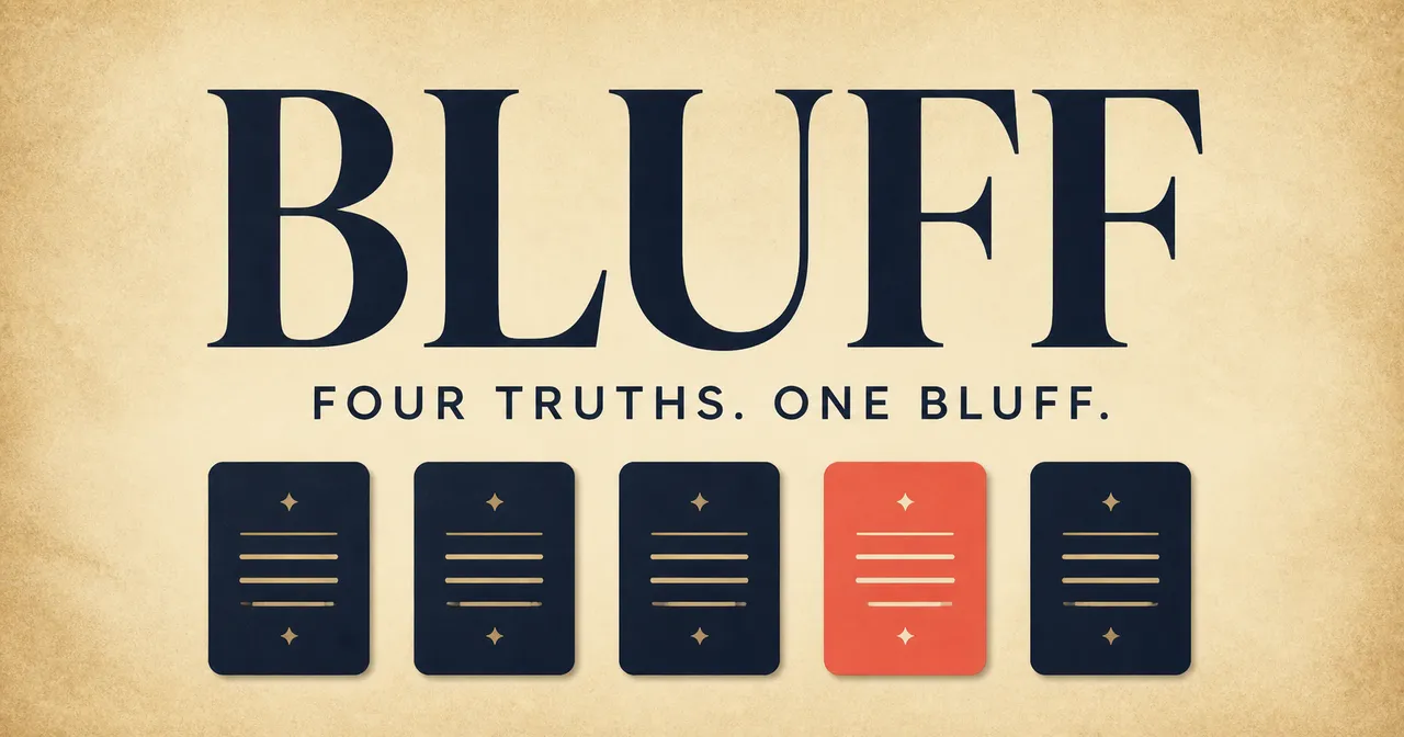 BLUFF's own artwork: the BLUFF name above the line Four truths. One bluff. and five cards, one of them red