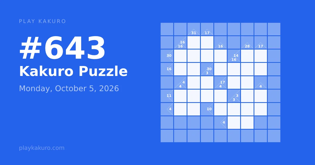 Play Kakuro share card for puzzle #643, Monday, October 5, 2026: a blue kakuro grid with its sum clues