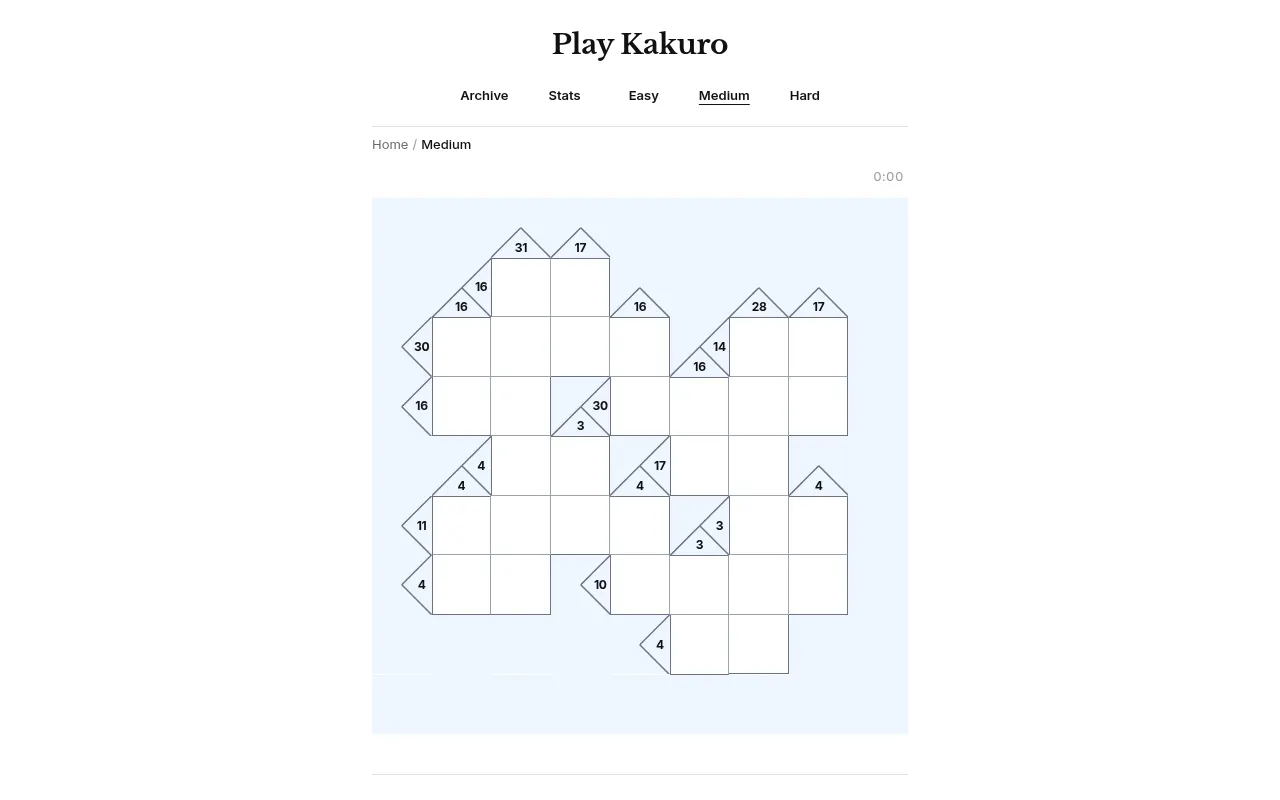 Play Kakuro's medium puzzle: an empty kakuro grid with sum clues such as 31, 17, 30 and 16 in triangles, under Archive, Stats, Easy, Medium and Hard tabs