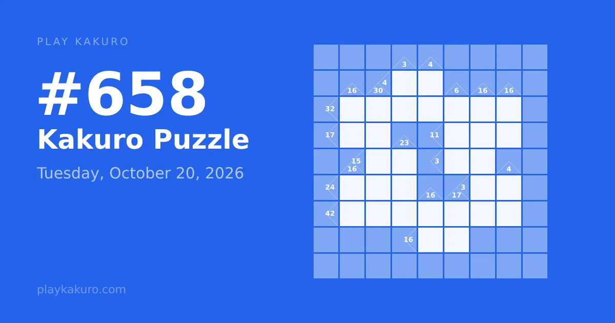 Play Kakuro share card for puzzle #658, Tuesday, October 20, 2026: a blue kakuro grid with its sum clues