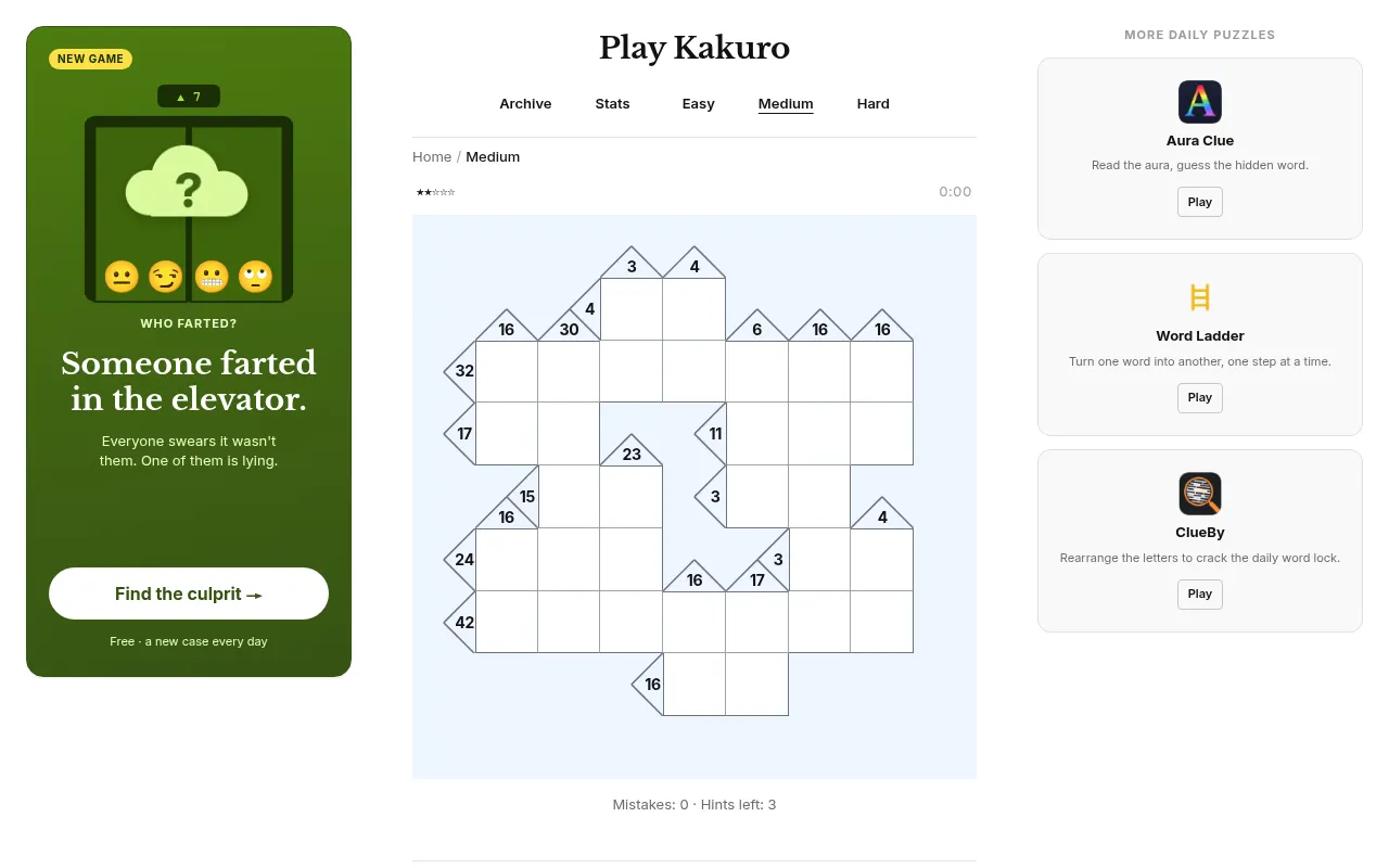 Play Kakuro #658, medium, 20 October 2026: today's empty kakuro grid with sum clues such as 32, 30, 42 and 16, between cards for the maker's other daily games