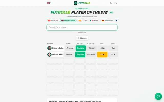 Futbolle Player of the Day #98 in the Premier League after two guesses, Bukayo Saka and Declan Rice, with England green, age yellow and arrows on age and shirt
