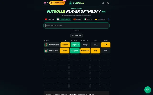 Futbolle Player of the Day #105 in the Premier League after two guesses, Bukayo Saka and Declan Rice, each row marked by team, nation, position, age and shirt