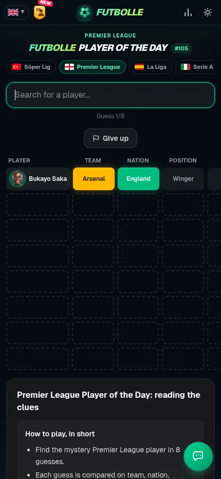 Player of the Day #105 on a phone: one guess, Bukayo Saka, with team, nation and position cells and the age and shirt columns off to the right