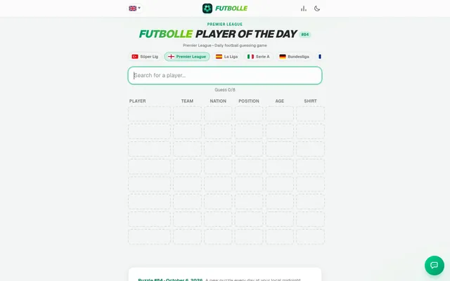 Futbolle Player of the Day #84 in the Premier League: a player search box above an empty board of team, nation, position, age and shirt columns