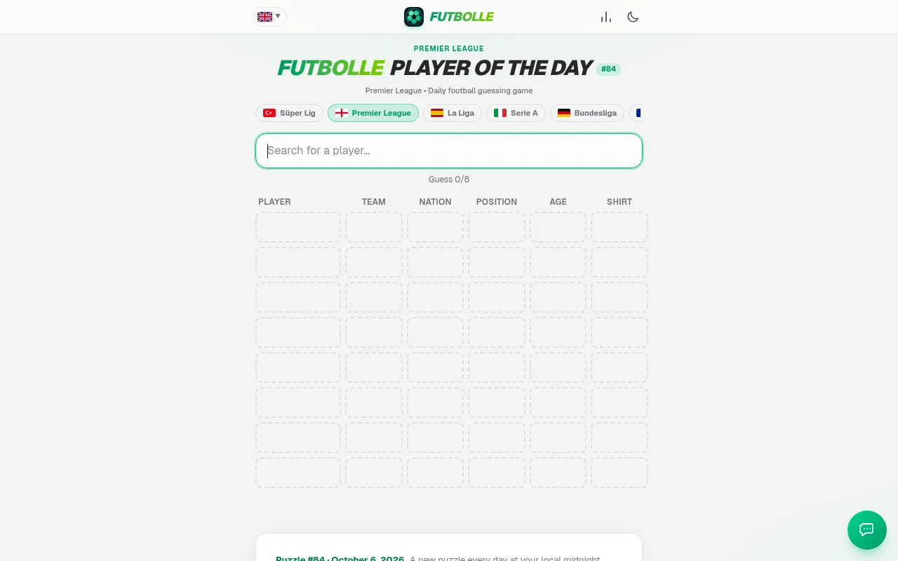 Futbolle Player of the Day #84 in the Premier League: a player search box above an empty board of team, nation, position, age and shirt columns