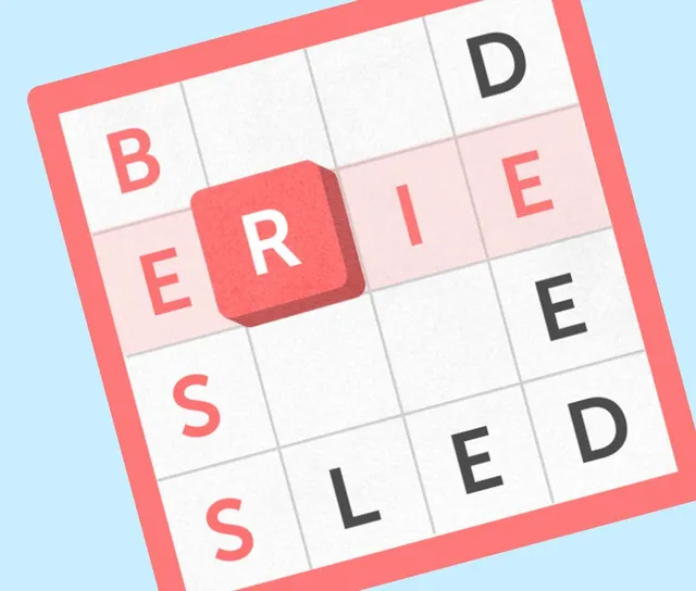 PlayFour! press art: a four-by-four mini grid with BRIE, BEES and SLED among its answers and the R tile highlighted