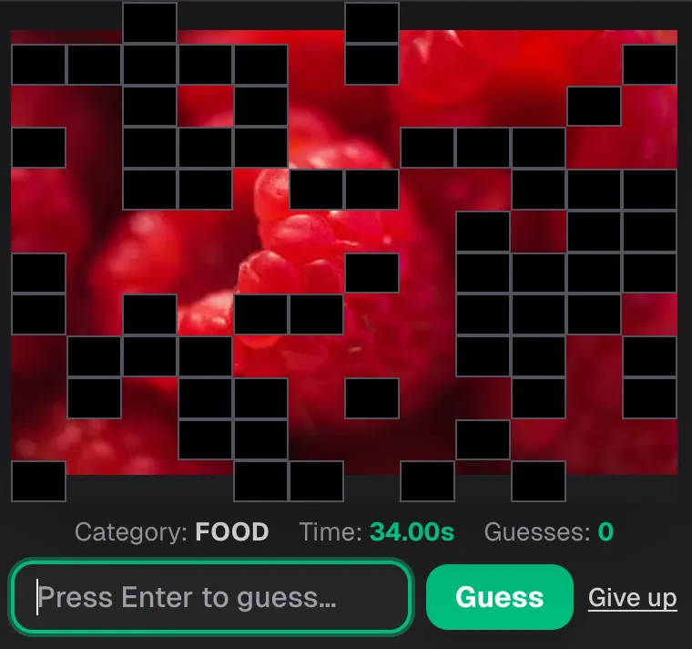 A PicleTime puzzle: raspberries showing through a grid of black tiles, with the category FOOD and a running timer