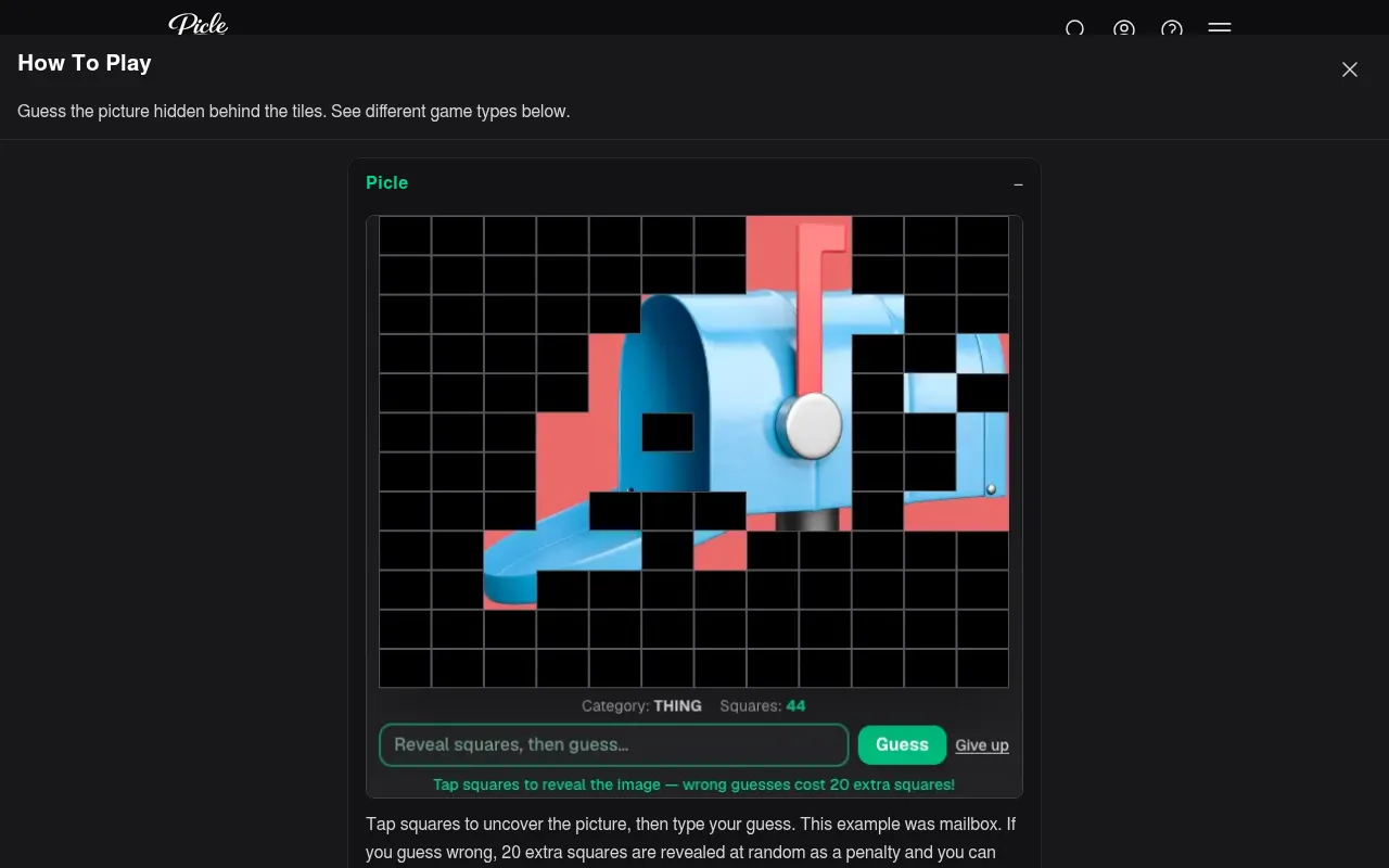 Picle's How to Play screen: a grid of black squares partly opened to show a blue mailbox, with the category THING and 44 squares used