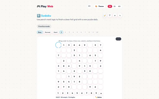 PlayWeb Sudoku daily challenge on Easy: a 9x9 grid of round cells with given digits, a number pad below and the note Easy, 38 empty, 12 singles