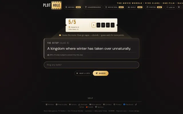 Plot-hole's daily board: the 5/5 score ticket with clues 5 to 1, Clue 5 reading A kingdom where winter has taken over unnaturally, a guess box and Skip and Guess buttons