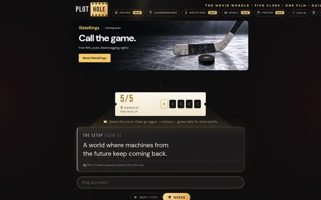 Plot-hole's board for puzzle #215 on Oct 20: the 5/5 score ticket, Clue 5 reading A world where machines from the future keep coming back, a guess box and Skip and Guess buttons