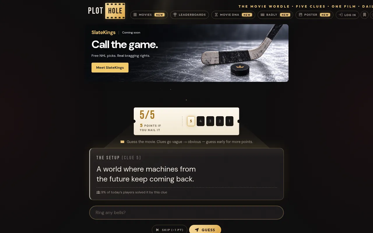 Plot-hole's board for puzzle #215 on Oct 20: the 5/5 score ticket, Clue 5 reading A world where machines from the future keep coming back, a guess box and Skip and Guess buttons