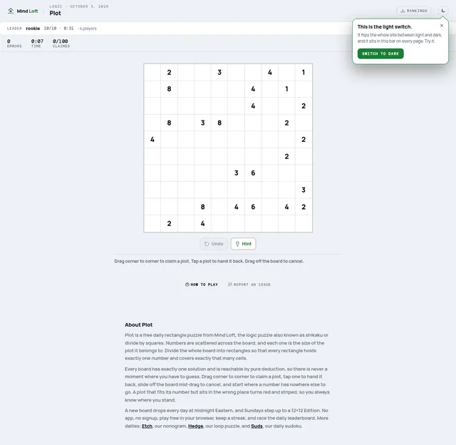 Plot on Mind Loft for October 3, 2026: an empty 10x10 shikaku grid with numbers such as 2, 3, 4, 6 and 8 scattered across it, with Undo and Hint buttons below
