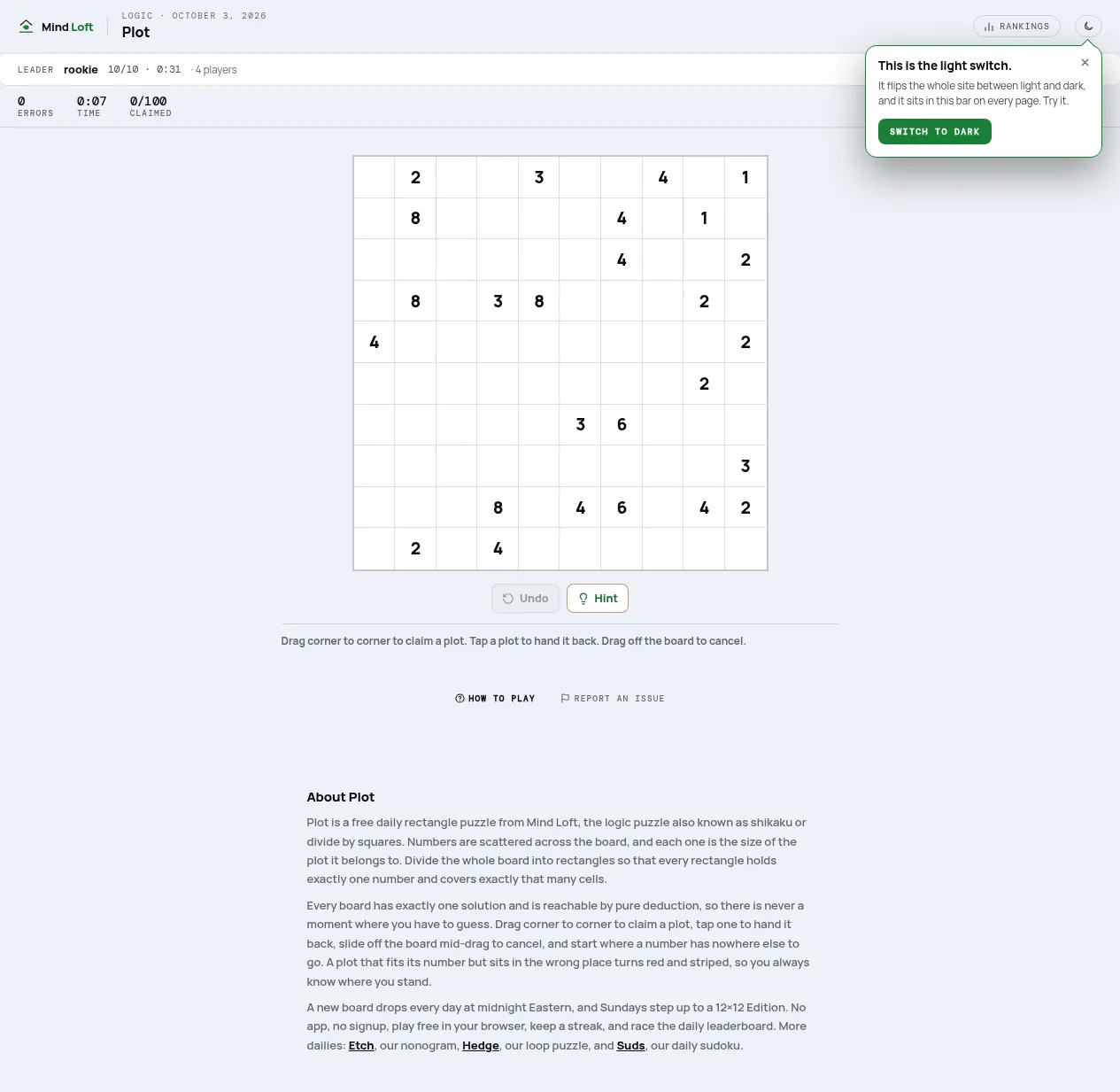 Plot on Mind Loft for October 3, 2026: an empty 10x10 shikaku grid with numbers such as 2, 3, 4, 6 and 8 scattered across it, with Undo and Hint buttons below
