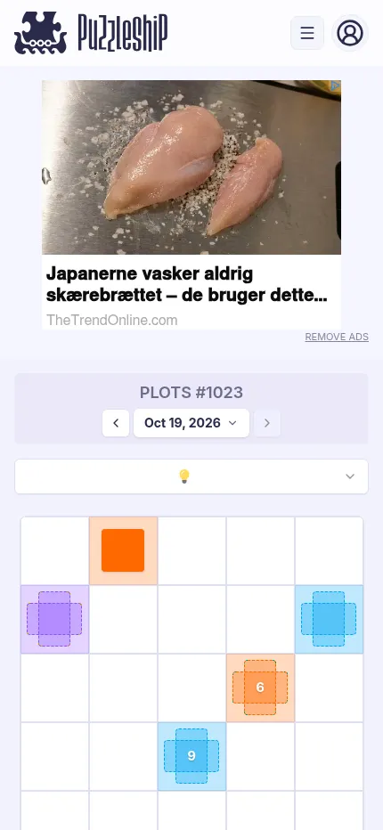 Plots #1023 at phone size: a display ad card sits above the dated header and the 5 by 5 one-bulb grid