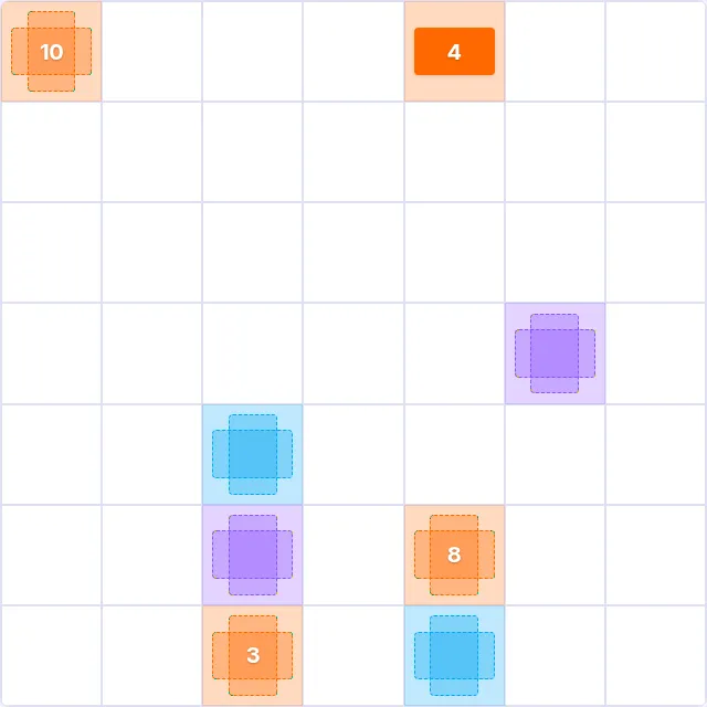 The Plots board for Oct 18, 2026 at the four-bulb level: a 7 by 7 grid with area clues 10, 4, 8 and 3 and square, wide and tall shape clues