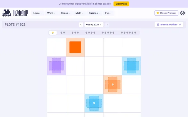 Today's Plots #1023 for Oct 19, 2026 at the one-bulb level on desktop: a 5 by 5 grid with a square clue, area clues 6 and 9 and cross-shaped any-shape clues