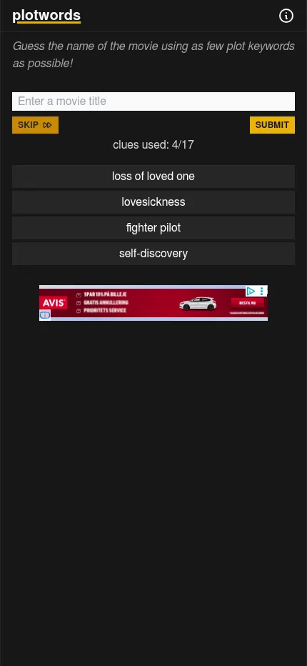 Plotwords on a phone: four plot keywords revealed (loss of loved one, lovesickness, fighter pilot, self-discovery), clues used 4 of 17