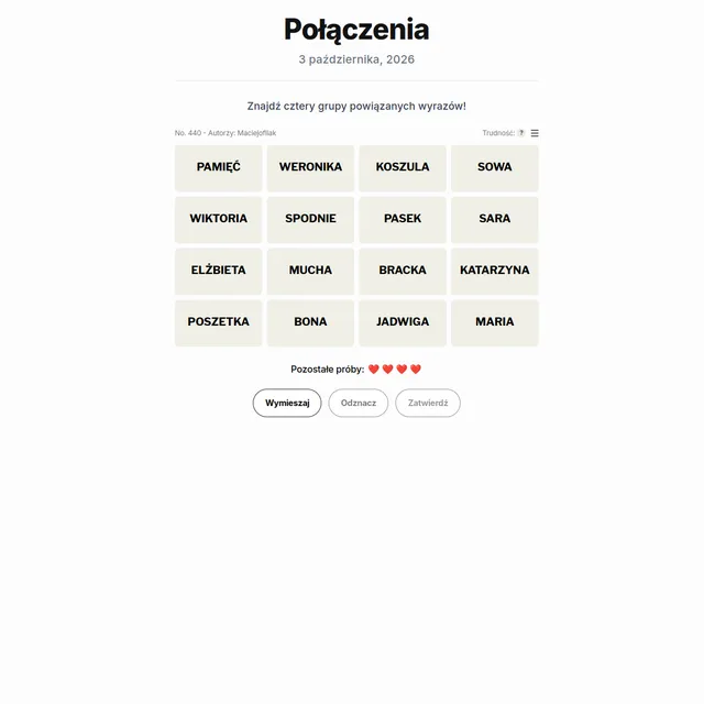 Połączenia board No. 440 for 3 października 2026: sixteen Polish words such as PAMIĘĆ, KOSZULA, WIKTORIA and MUCHA, four hearts and the Wymieszaj, Odznacz and Zatwierdź buttons